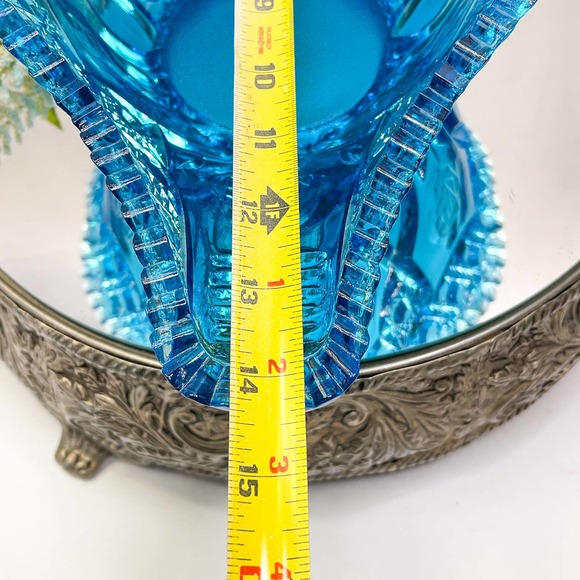 Vintage Kemble Glass Blue Pressed Glass Bowl Boat Sawtooth Edge Rose Motif EAPG - Picture 4 of 6